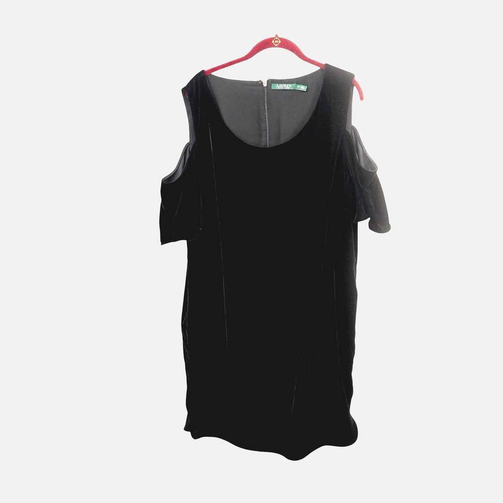 Lauren Ralph Dress 18W Sheath Cold Shoulder Bell‎ Sleeves Velvet Cocktail Black